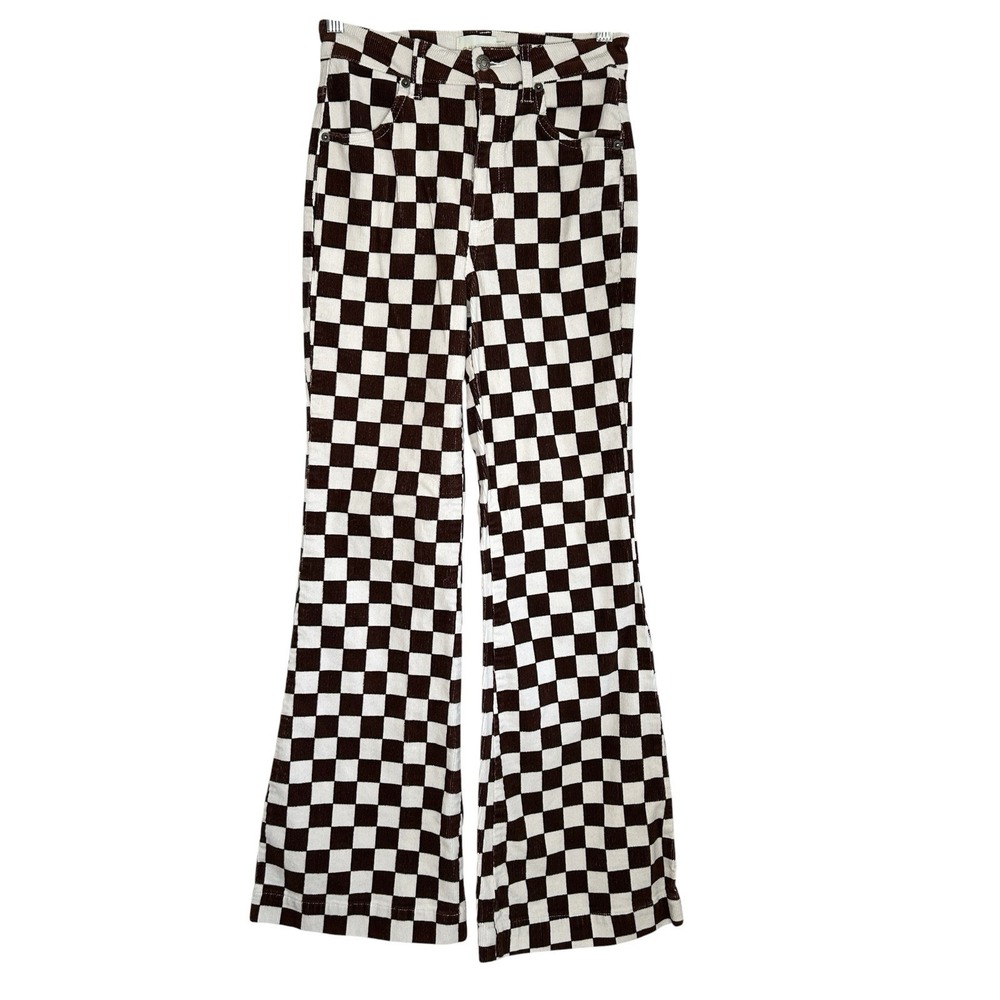 Y2k 70s Checker Corduroy Flare Pants 25 Boho Festival Indie Sleaze Stretchy